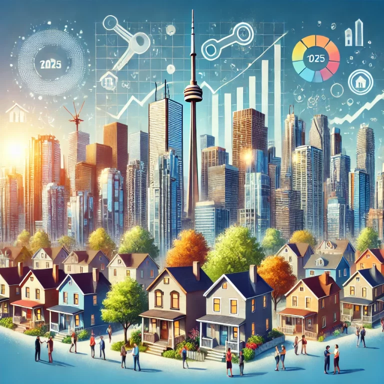 An artistic representation of Toronto's housing market in 2025, featuring a skyline of modern skyscrapers and residential homes under clear blue skies, with diverse individuals engaging with real estate symbols like keys and charts.